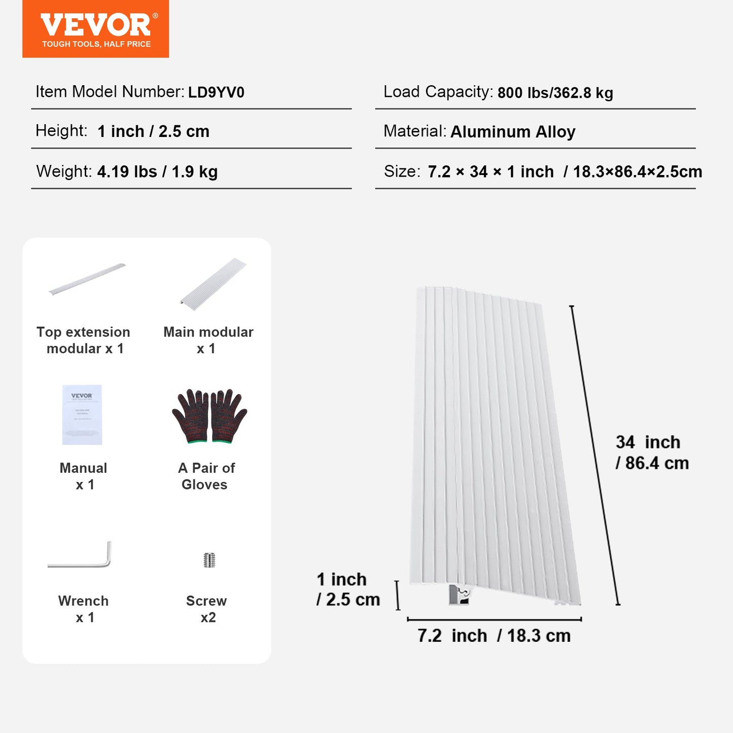 VEVOR Door Threshold Ramp, 1 Rise, 800 lbs Load Capacity, Door Ramp for Wheelchairs, Aluminum Threshold Ramp for Doorways, Adjustable Modular Threshold Ramp for Wheelchairs, Scooters, Power Chairs
