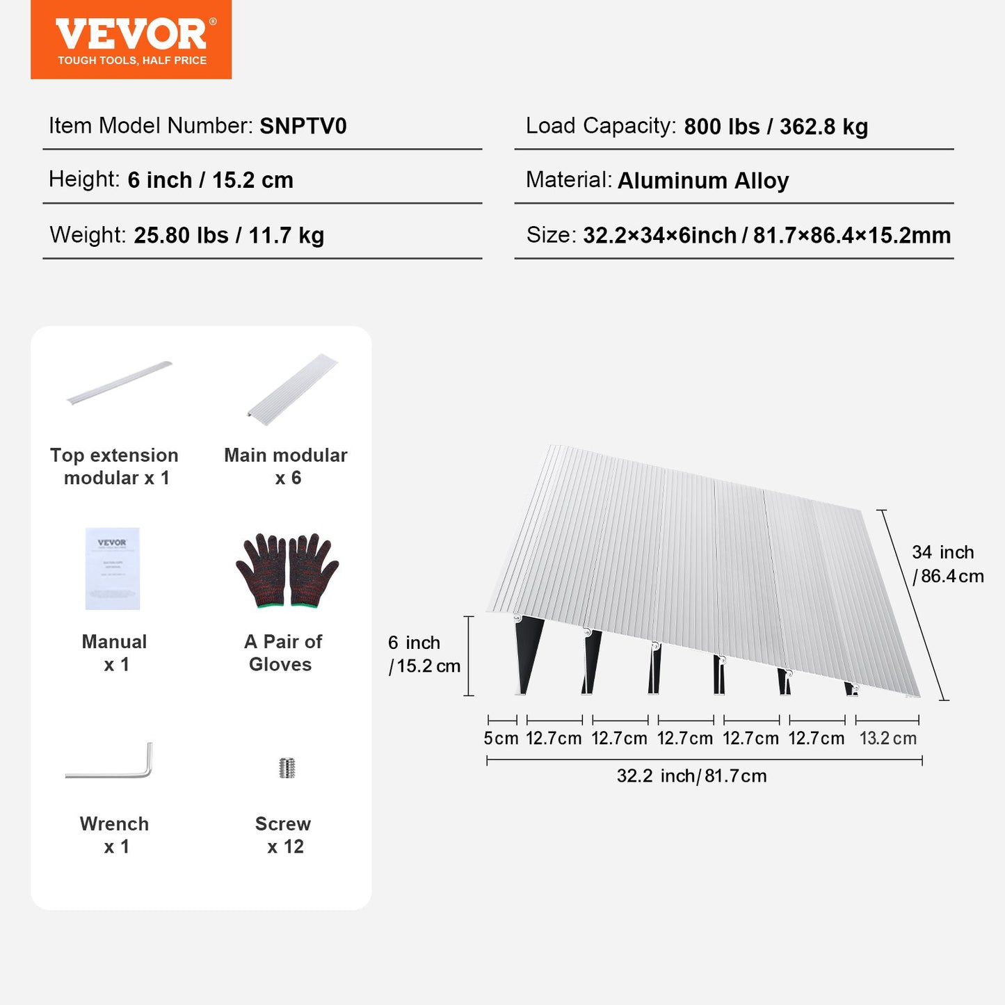 VEVOR Door Threshold Ramp, 6 Rise, 800 lbs Load Capacity, Door Ramp for Wheelchairs, Aluminum Threshold Ramp for Doorways, Adjustable Modular Threshold Ramp for Wheelchairs, Scooters, Power Chairs