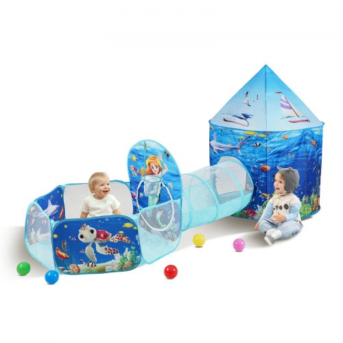 3 in 1 Kids Play Tent with Tunnel, Basketball Hoop for Boys, Girls, Babies and Toddlers, Indoor/Outdoor Pop Up Playhouse with Carrying Bag & Banding Straps Birthday Gifts, Blue Ocean