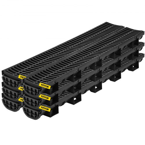 Trench Drain System, Channel Drain with Plastic Grate, 5.8x3.1-Inch HDPE Drainage Trench, Black Plastic Garage Floor Drain, 6x39 Trench Drain Grate, with 6 End Caps, for Garden, Driveway-6 Pack