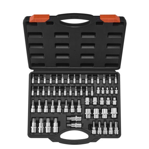 Torx Bit Socket and External Torx Socket Set, 60-Piece T6-T70, TT6-TT70, TP8-TP60, E4-E24, S2 Alloy Steel and Cr-V Steel, 1/4 in, 3/8 in, and 1/2 in Drives, with Enhanced Storage Case, Hand Use