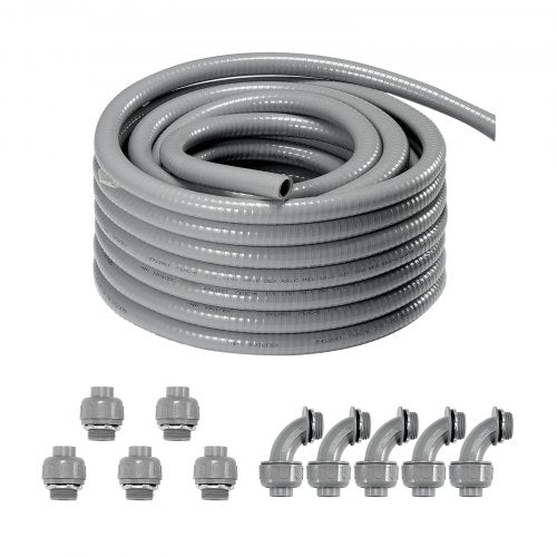 1/2-Inch Flexible Electrical Conduit, 100 ft, PVC Liquid-Tight Conduit Non-Metallic with 5 Straight and 5 90-Degree Conduit Connector Fittings, for Air Conditioning Motor Controller Pump, IP65