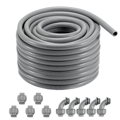 1-Inch Flexible Electrical Conduit, 100 ft, PVC Liquid-Tight Conduit Non-Metallic with 5 Straight and 5 90-Degree Conduit Connector Fittings, for Air Conditioning Motor Controller Pump, IP65