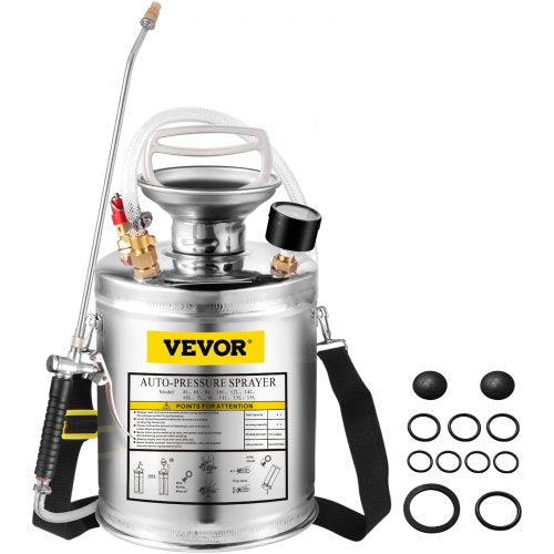 VEVOR 1Gal Stainless Steel, Set with 12 Wand& Handle& 3FT Reinforced Hose, Hand Pump Sprayer with Pressure Gauge&Safety Valve, Adjustable Nozzle Suitable for Gardening and Sanitizing, Silver