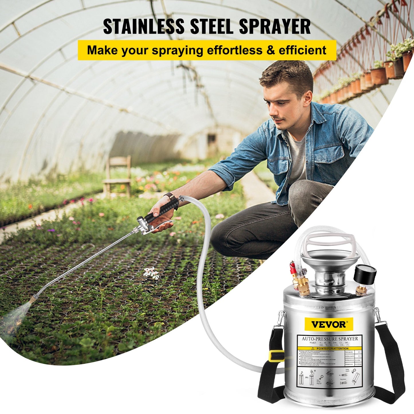 VEVOR 1Gal Stainless Steel, Set with 12 Wand& Handle& 3FT Reinforced Hose, Hand Pump Sprayer with Pressure Gauge&Safety Valve, Adjustable Nozzle Suitable for Gardening and Sanitizing, Silver