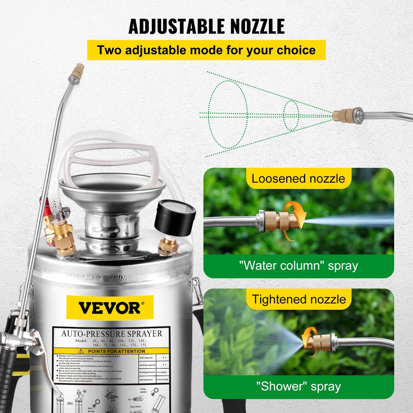 VEVOR 1Gal Stainless Steel, Set with 12 Wand& Handle& 3FT Reinforced Hose, Hand Pump Sprayer with Pressure Gauge&Safety Valve, Adjustable Nozzle Suitable for Gardening and Sanitizing, Silver