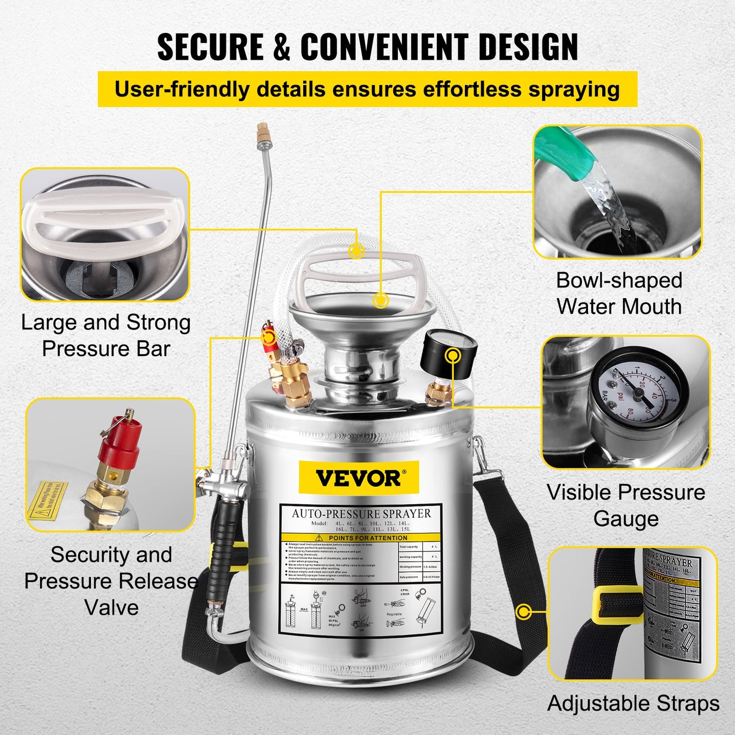 VEVOR 1Gal Stainless Steel, Set with 12 Wand& Handle& 3FT Reinforced Hose, Hand Pump Sprayer with Pressure Gauge&Safety Valve, Adjustable Nozzle Suitable for Gardening and Sanitizing, Silver