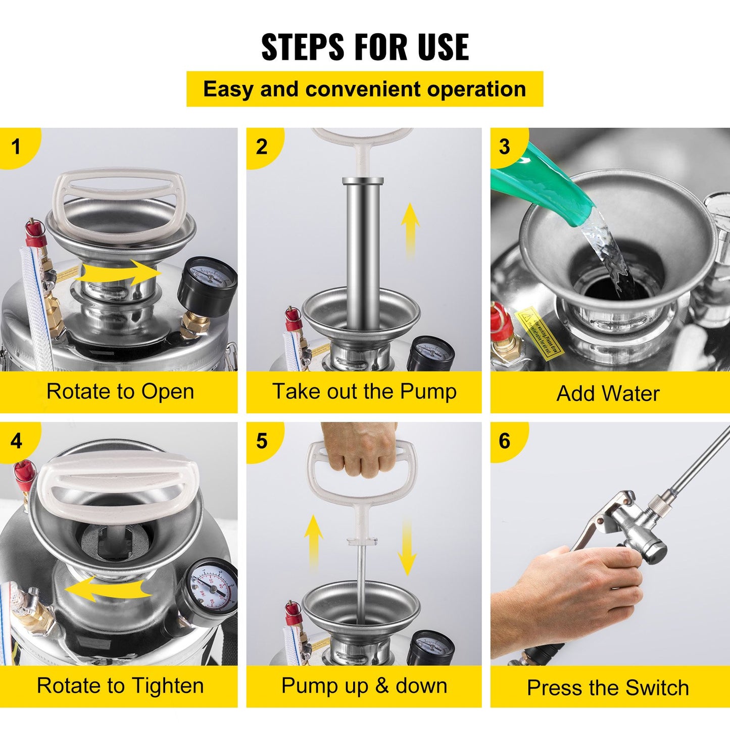 VEVOR 1Gal Stainless Steel, Set with 12 Wand& Handle& 3FT Reinforced Hose, Hand Pump Sprayer with Pressure Gauge&Safety Valve, Adjustable Nozzle Suitable for Gardening and Sanitizing, Silver