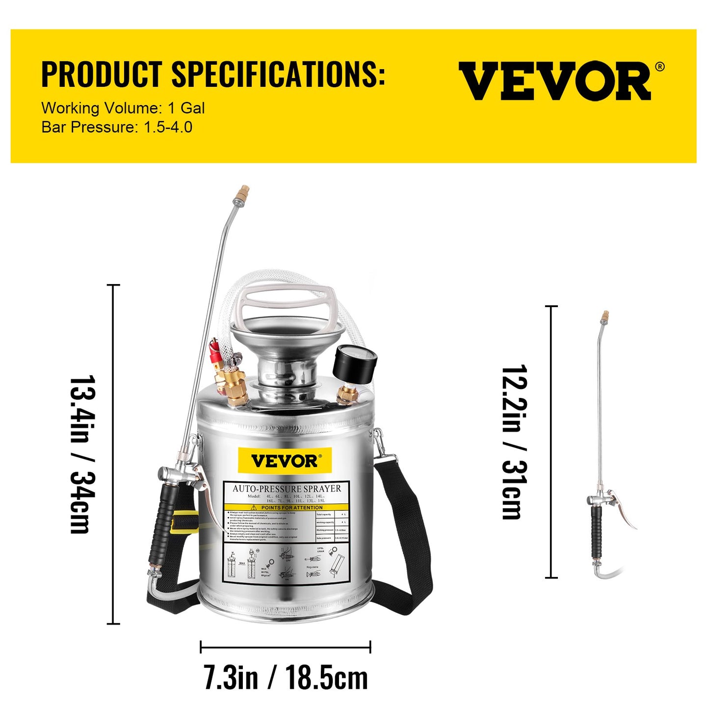VEVOR 1Gal Stainless Steel, Set with 12 Wand& Handle& 3FT Reinforced Hose, Hand Pump Sprayer with Pressure Gauge&Safety Valve, Adjustable Nozzle Suitable for Gardening and Sanitizing, Silver