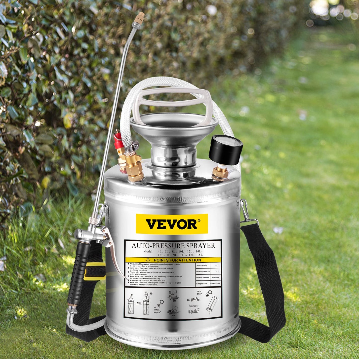 VEVOR 1Gal Stainless Steel, Set with 12 Wand& Handle& 3FT Reinforced Hose, Hand Pump Sprayer with Pressure Gauge&Safety Valve, Adjustable Nozzle Suitable for Gardening and Sanitizing, Silver