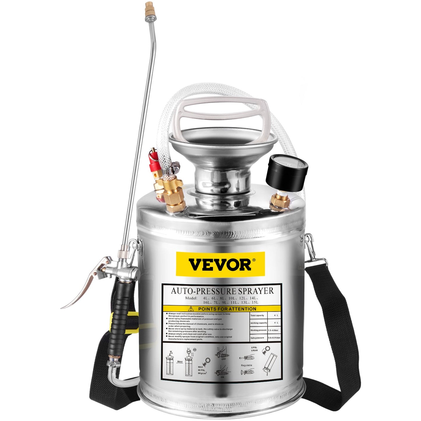 VEVOR 1Gal Stainless Steel, Set with 12 Wand& Handle& 3FT Reinforced Hose, Hand Pump Sprayer with Pressure Gauge&Safety Valve, Adjustable Nozzle Suitable for Gardening and Sanitizing, Silver
