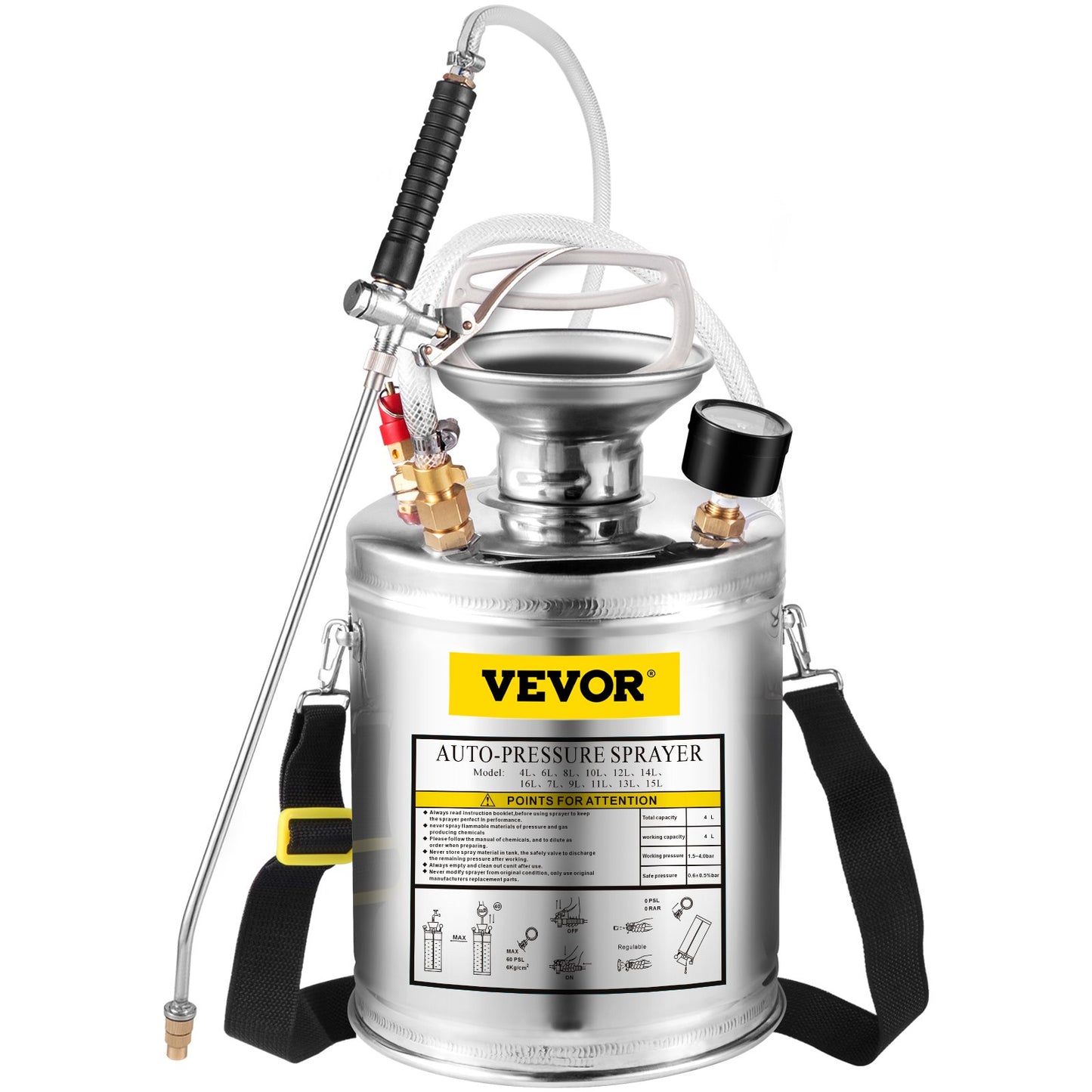 VEVOR 1Gal Stainless Steel, Set with 12 Wand& Handle& 3FT Reinforced Hose, Hand Pump Sprayer with Pressure Gauge&Safety Valve, Adjustable Nozzle Suitable for Gardening and Sanitizing, Silver