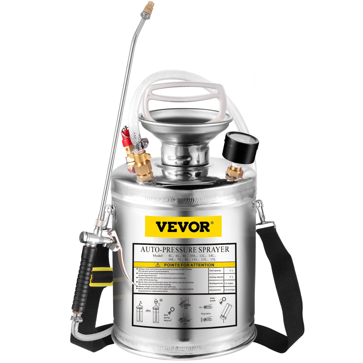 VEVOR 1Gal Stainless Steel, Set with 12 Wand& Handle& 3FT Reinforced Hose, Hand Pump Sprayer with Pressure Gauge&Safety Valve, Adjustable Nozzle Suitable for Gardening and Sanitizing, Silver