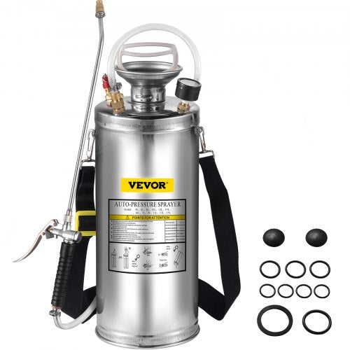 VEVOR 2Gal Stainless Steel Sprayer, Set with 20 Wand& Handle& 3FT Reinforced Hose, Hand Pump Sprayer with Pressure Gauge&Safety Valve, Adjustable Nozzle Suitable for Gardening and Sanitizing
