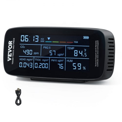 VEVOR Air Quality Monitor 9-IN-1, CO2, Temperature, Humidity, Formaldehyde TVOC AQI Tester, Professional PM2.5 PM10 PM1.0 Particle Counter for Indoor/Outdoor, Air Quality Meter  w/Alarm Thresholds
