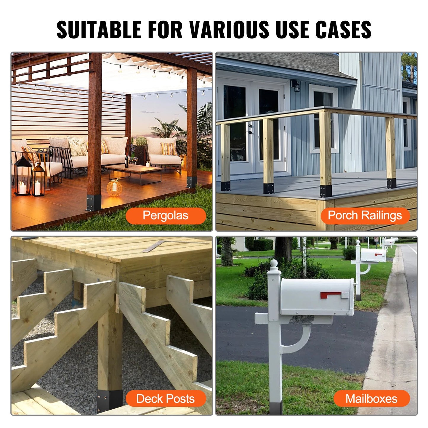 VEVOR 4x4 Post Base 2 Pcs, Inner Size 3.6x3.6 Post Base Brackets, Heavy Duty Powder-Coated Post Anchor Matte Black Wood Post Brackets for Pavilion Deck Railing Support Deck Base Plate