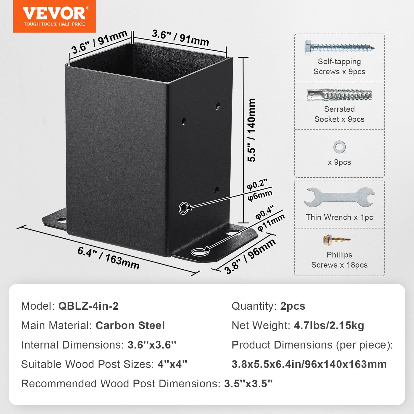 VEVOR 4x4 Post Base 2 Pcs, Inner Size 3.6x3.6 Post Base Brackets, Heavy Duty Powder-Coated Post Anchor Matte Black Wood Post Brackets for Pavilion Deck Railing Support Deck Base Plate