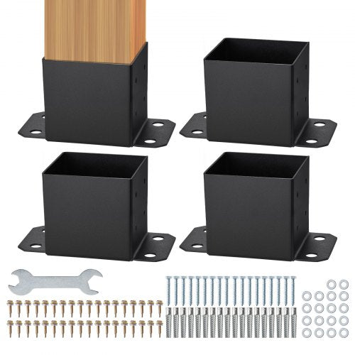 6x6 Post Base 4 Pcs, Inner Size 5.6'x5.6' Post Base Brackets, Heavy Duty Powder-Coated Post Anchor Matte Black Wood Post Brackets for Pavilion Deck Railing Support Deck Base Plate