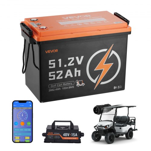 48V (51.2V) 52AH Lithium Golf Cart Battery, with 15A Charger, Lifepo4 Battery Kit, Built-in 100A BMS, 4000 Cycles, 2C Discharge Rate, Bluetooth & Mobile APP, for Golf Carts, Trolling Motors