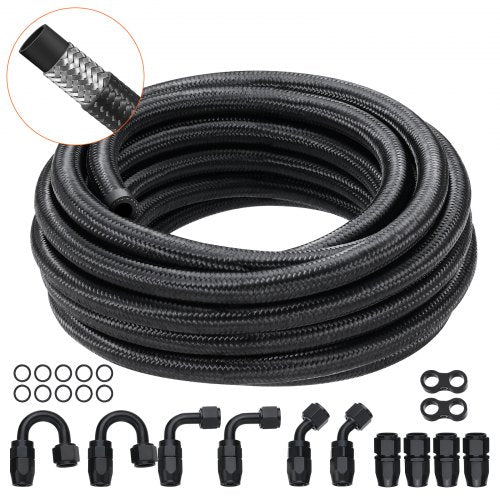 6AN Fuel Line Kit, 20 FT Fuel Hose Kit, 0.34' Nylon Stainless Steel Braided Fuel Line Oil/Gas/Diesel Hose End Fitting Kit, with 12 PCS Swivel Fitting Adapter Kit, Black