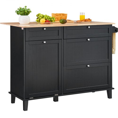 Kitchen Island Cart, 50' Wood Top Breakfast Bar with Trash Cabinet Tilt Out 10 Gallon Storage, Farmhouse Dining Living Room Table with Drop Leaf, Towel Bar, Drawer, Black