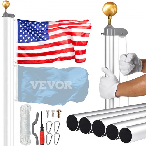 25FT Sectional Flag pole Kit, Heavy Duty Aluminum Alloy in Ground Flag poles for Outside, 3 Display Modes Flagpole with 3x5 American Flag, Professional Accessories, Silver