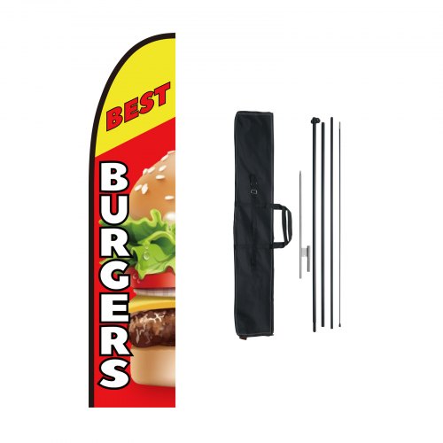 Burger Restaurant Advertising Feather Flag with Pole Kit, Advertising Flags for Business Outside, Includes 1 Banner Flag, 1 Pole, 1 Ground Stake, Swooper Flag for Businesses 16.3 FT