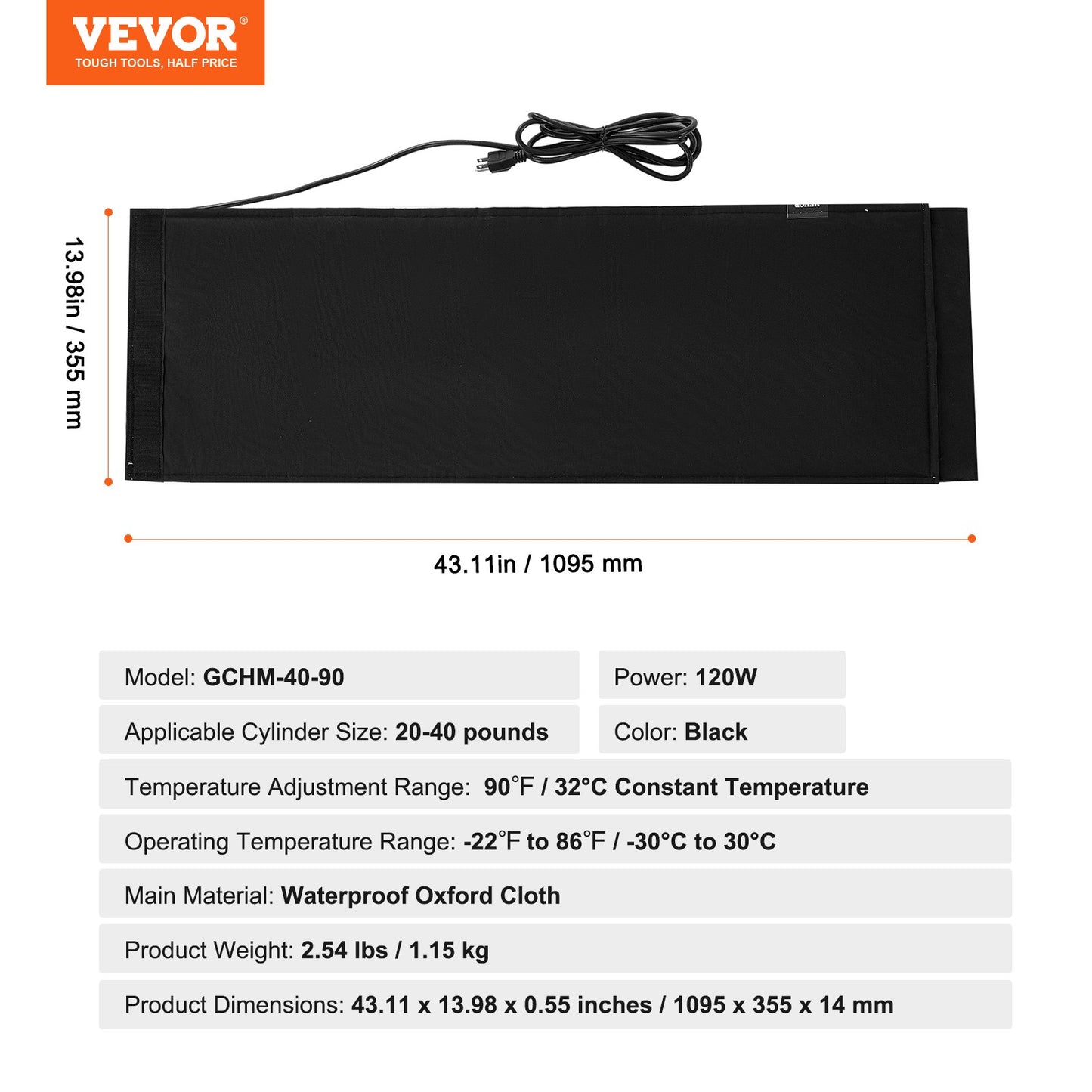 VEVOR Insulated Band Style Gas Cylinder Warmer for40 lbs Gas Tanks 120W 90 ¨H