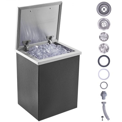 Drop in Ice Chest, 14'L x 12'W x 18'H Stainless Steel Ice Cooler, Commercial Ice Bin with Hinged Cover, 40 qt Outdoor Kitchen Ice Bar, Drain-pipe and Drain Plug Included, for Cold Wine Beer