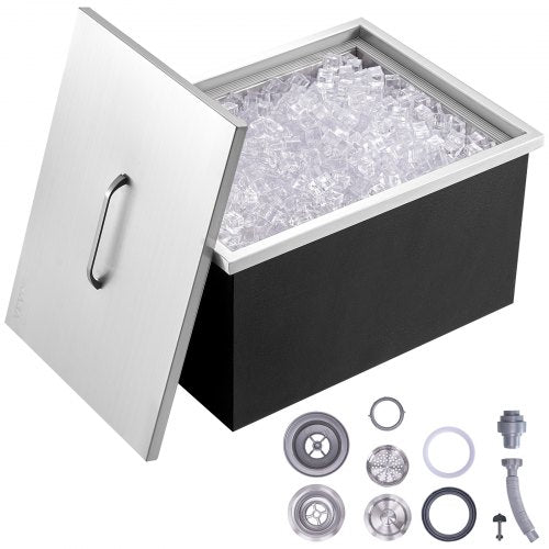 Drop in Ice Chest, 20'L x 14'W x 12'H Stainless Steel Ice Cooler, Commercial Ice Bin with Cover, 40 qt Outdoor Kitchen Ice Bar, Drain-pipe and Drain Plug Included, for Cold Wine Beer