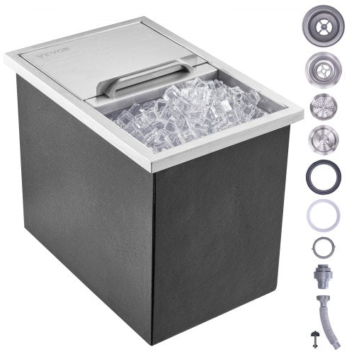 Drop in Ice Chest, 18'L x 12'W x 14.5'H Stainless Steel Ice Cooler, Commercial Ice Bin with Sliding Cover, 40.9 qt Outdoor Kitchen Ice Bar, Drain-pipe and Drain Plug Included, for Cold Wine Beer