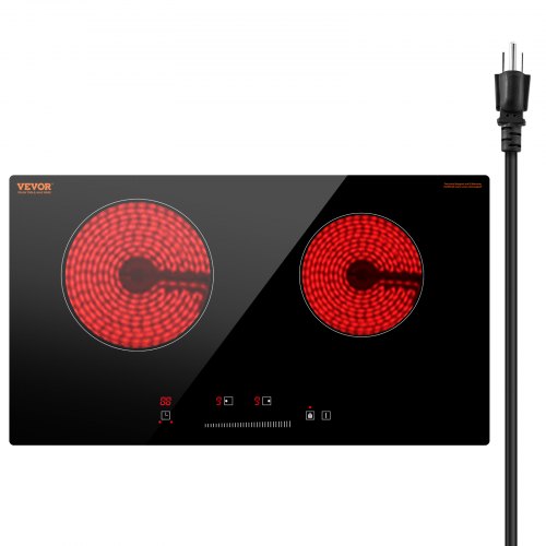 Electric Cooktop, 24 inch 2 Burners Built-in Electric Stove Top, 1800W Ceramic Top Radiant Cooktop with Glass Panel, Touch Control, Timer, Child Lock, 9 Heat Level, Residual Heat Indicator, 120V
