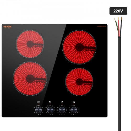 Electric Cooktop, 24 inch 4 Burners Built-in Electric Stove Top, 6000W Ceramic Top Radiant Cooktop, with Glass Panel, Knob Control, 11 Heat Levels, 220-240V, Hard Wire (No Plug)