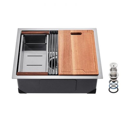 23 inch Kitchen Sink Workstation, 304 Stainless Steel Undermount Sink, Drop-In Single Bowl Farmhouse Basin with Ledge & Multiple Accessories, Household Dishwasher Sinks for RV, Prep Kitchen, Bar