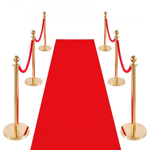 Stanchion Post, 6 Pcs Crowd Control Barrier Set with Red Carpet, 4 Red Velvet Ropes, Stainless Steel Gold Stanchion Post Queue with Hollow Base for Theater, Party, Wedding, Exhibition (Gold)