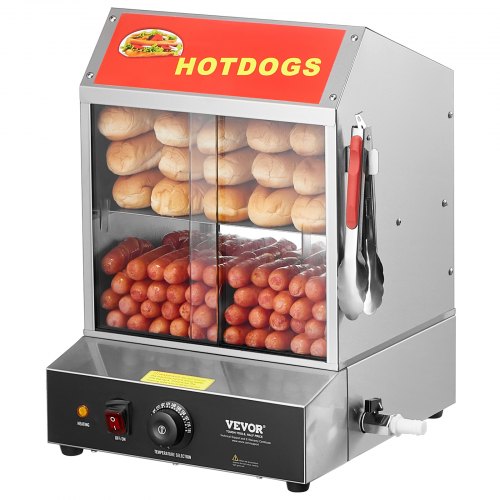 Hot Dog Steamer, 28.5QT, 2-Tier Hot Dog Hut Steamer, 86¨H~185¨H Temperature Control, Electric Bun Warmer with Tempered Glass Slide Doors Partition Plate Tong, Stainless Steel, for Hot Dogs & Buns