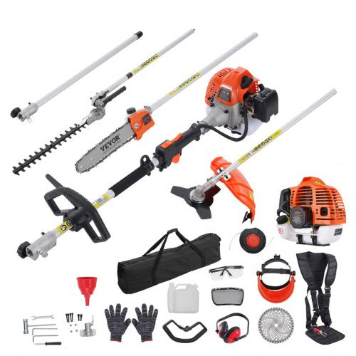 43CC 6-in-1 Multi-Functional Trimming Tools, Gas Hedge Trimmer, Weed Eater, String Trimmer, Brush Cutter, Edger, Pole Saw Chainsaw Pruner with Extension Pole