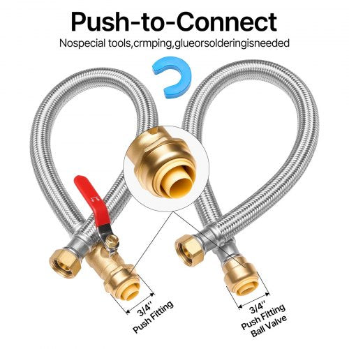 Water Heater Kit, Push-Fit Valve Flexible Water Heater Connector with 3/4' FIP x 3/4' PTC Ball Valve, Stainless Steel Braided Waters Heaters Supply Line for Bathroom, Kitchen, Laundry Room