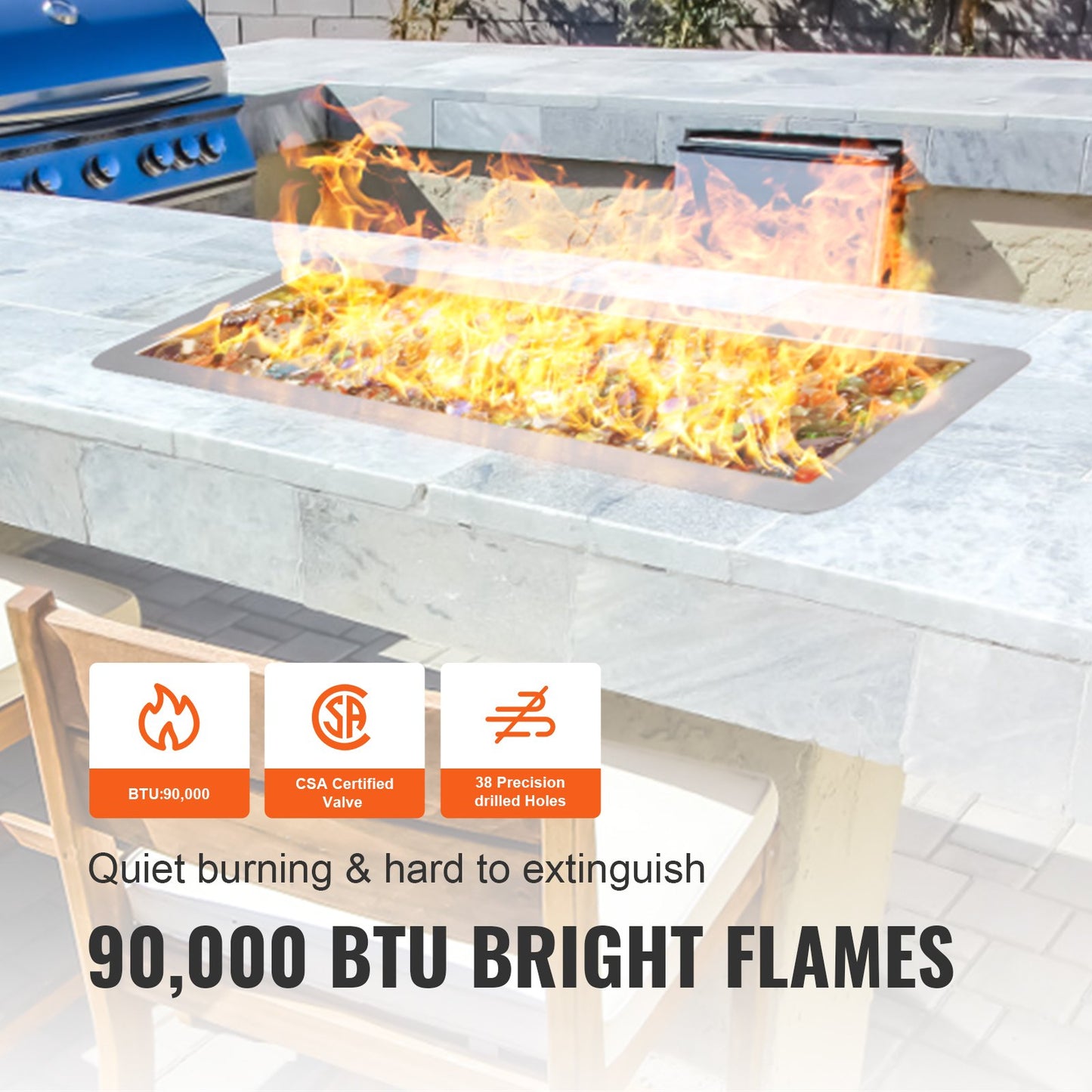 VEVOR 6 x 18 inch Drop-in Fire Pit Pan, Rectangular Stainless Steel Fire Pit Burner, Natural & Propane Gas Fire Pan H-Burner 90,000 BTU for Indoor or Outdoor Use