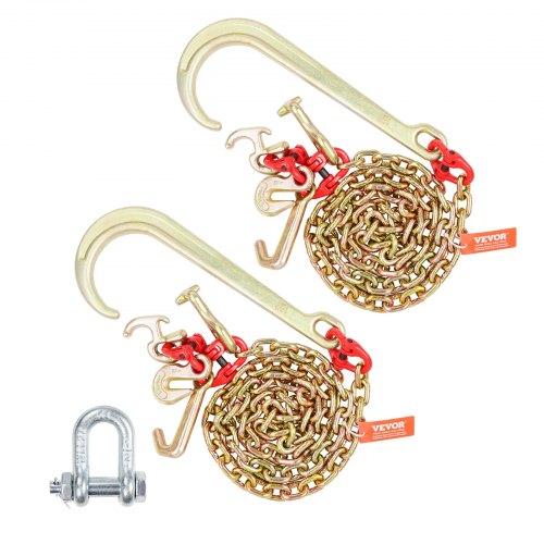 J Hook Chain, 2PCS 5/16' x 6' G80 15' Long Shank J Hook Tow Chain with RTJ Cluster Hook & Grab Hook, 5400 lbs Working Load, Heavy Duty Transport Truck Chain for Wrecker Recovery Trailer Towing