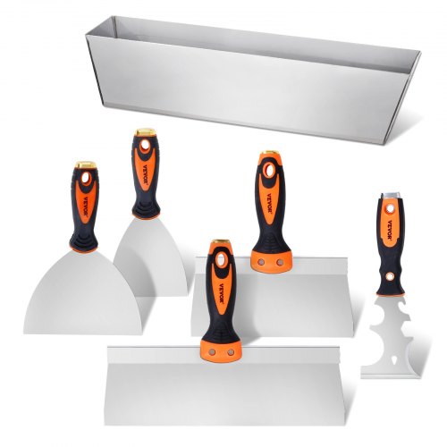 Drywall Knife Set, 6 PCS Drywall Tools Includes 3' Painter Scraper, Two Putty Knives,  Two Taping Knives and 12' Mud Pan, Stainless Steel Spackle Tool, Drywall Finishing Tools for Home