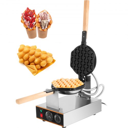 VEVOR Commercial Bubble Waffle Maker, 1400W Egg Bubble Puff Iron w/ 180¡ã Rotatable 2 Pans & Wooden Handles, Stainless Steel Baker w/ Non-Stick Teflon Coating, 50-250¡æ/122-482¨H Adjustable