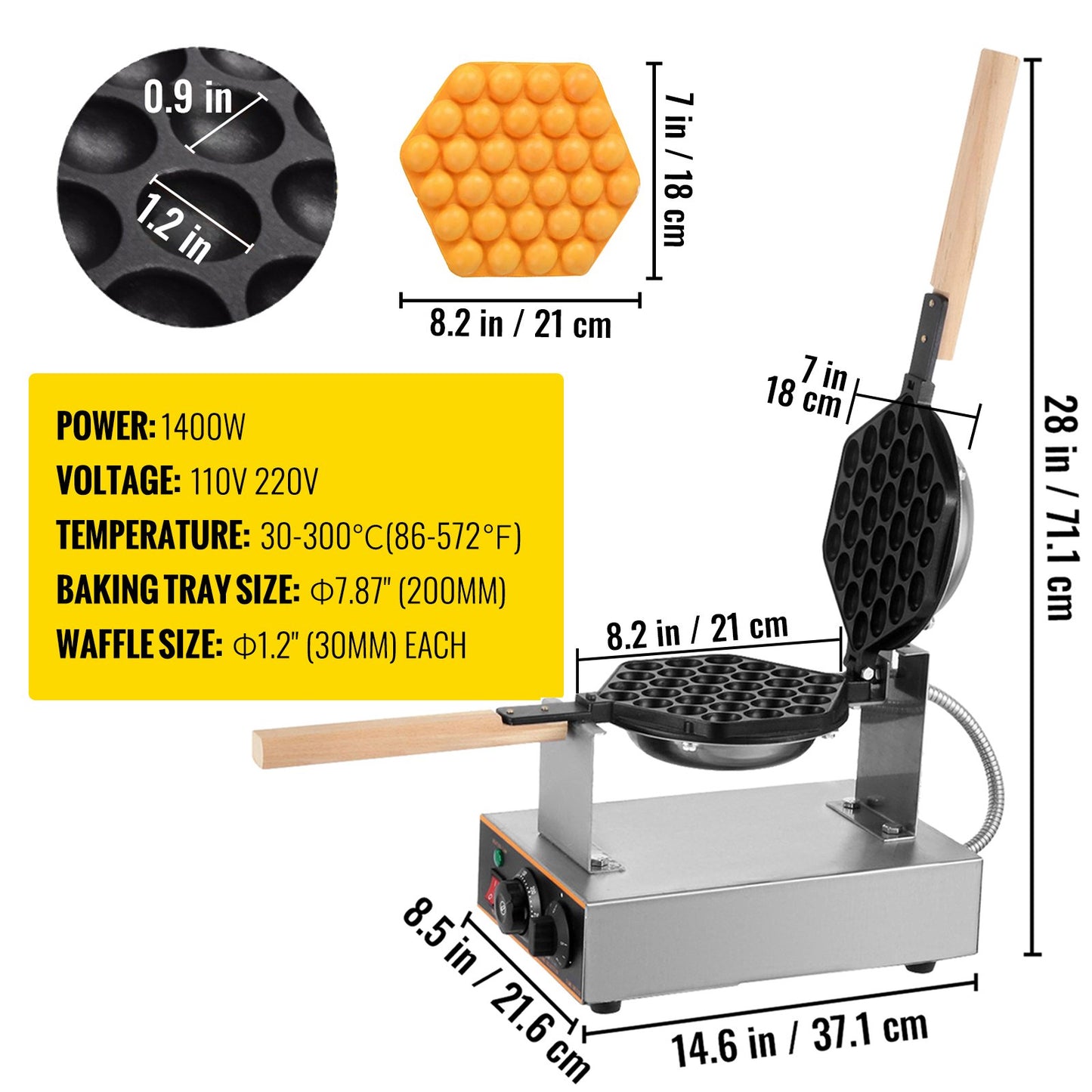 VEVOR Commercial Bubble Waffle Maker, 1400W Egg Bubble Puff Iron w/ 180¡ã Rotatable 2 Pans & Wooden Handles, Stainless Steel Baker w/ Non-Stick Teflon Coating, 50-250¡æ/122-482¨H Adjustable