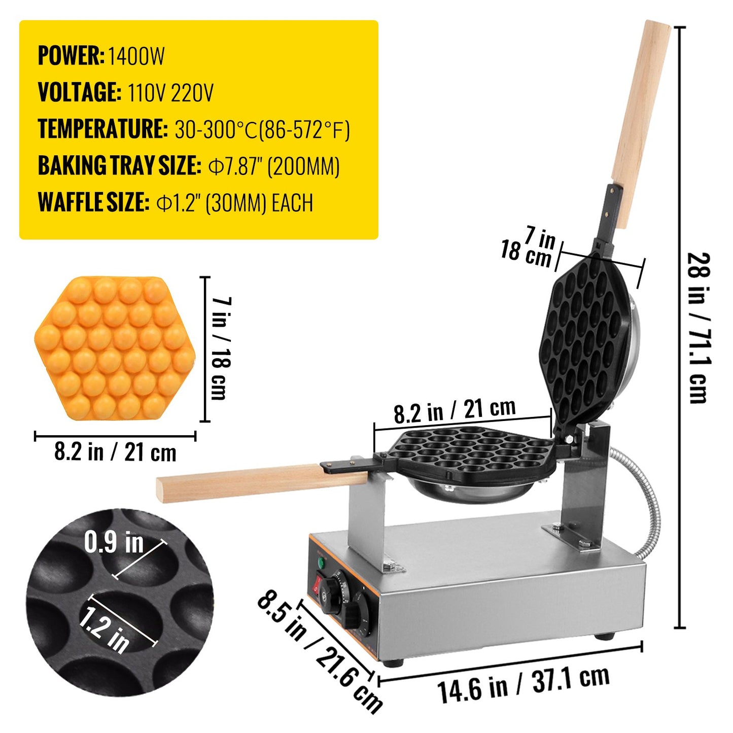 VEVOR Commercial Bubble Waffle Maker, 1400W Egg Bubble Puff Iron w/ 180¡ã Rotatable 2 Pans & Wooden Handles, Stainless Steel Baker w/ Non-Stick Teflon Coating, 50-250¡æ/122-482¨H Adjustable