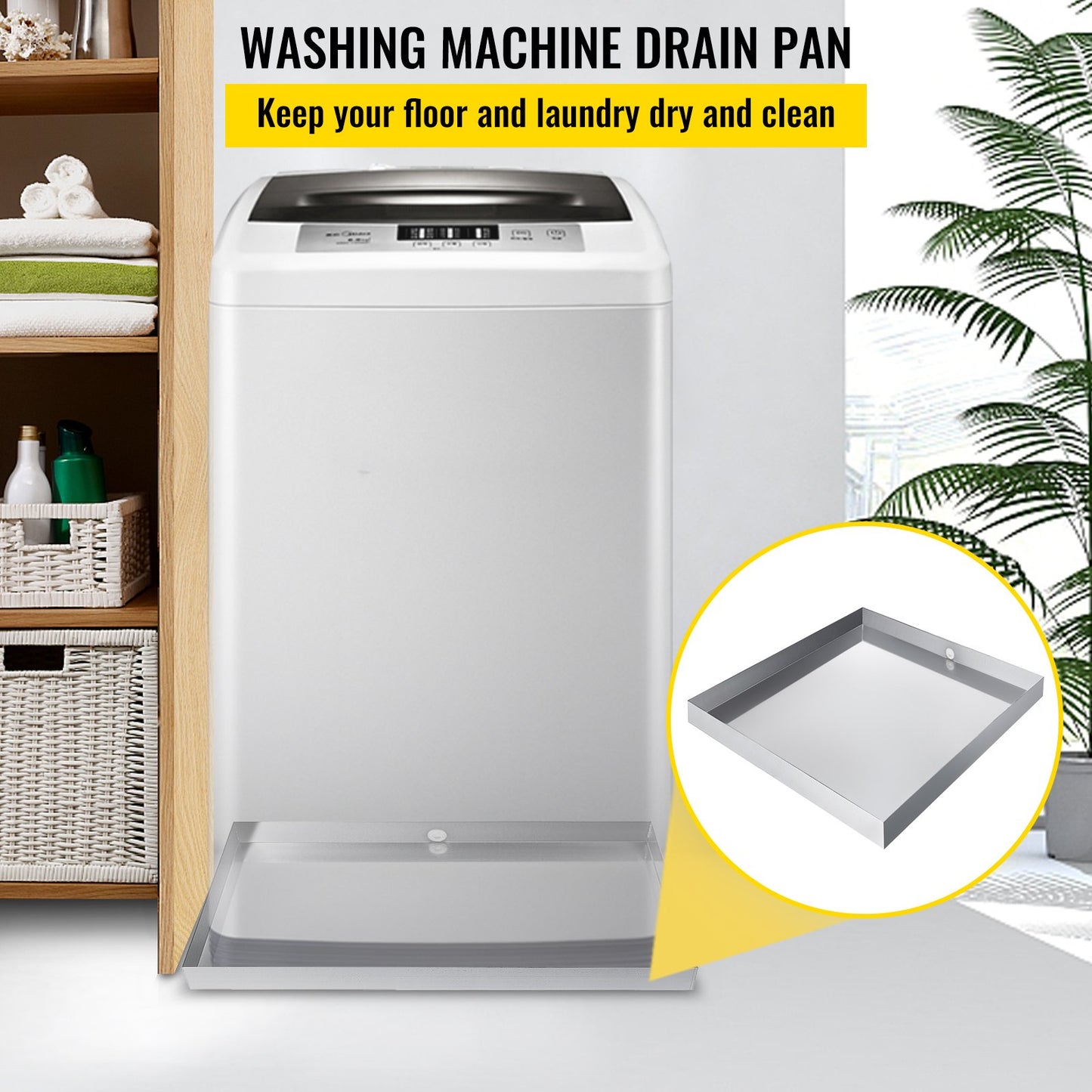 VEVOR 32 x 30 x 2.5 Inch Washing Machine Pan 18 GA Thickness Galvanized Steel Heavy Duty Compact Washer Drip Tray with Drain Hole & Hose Adapter