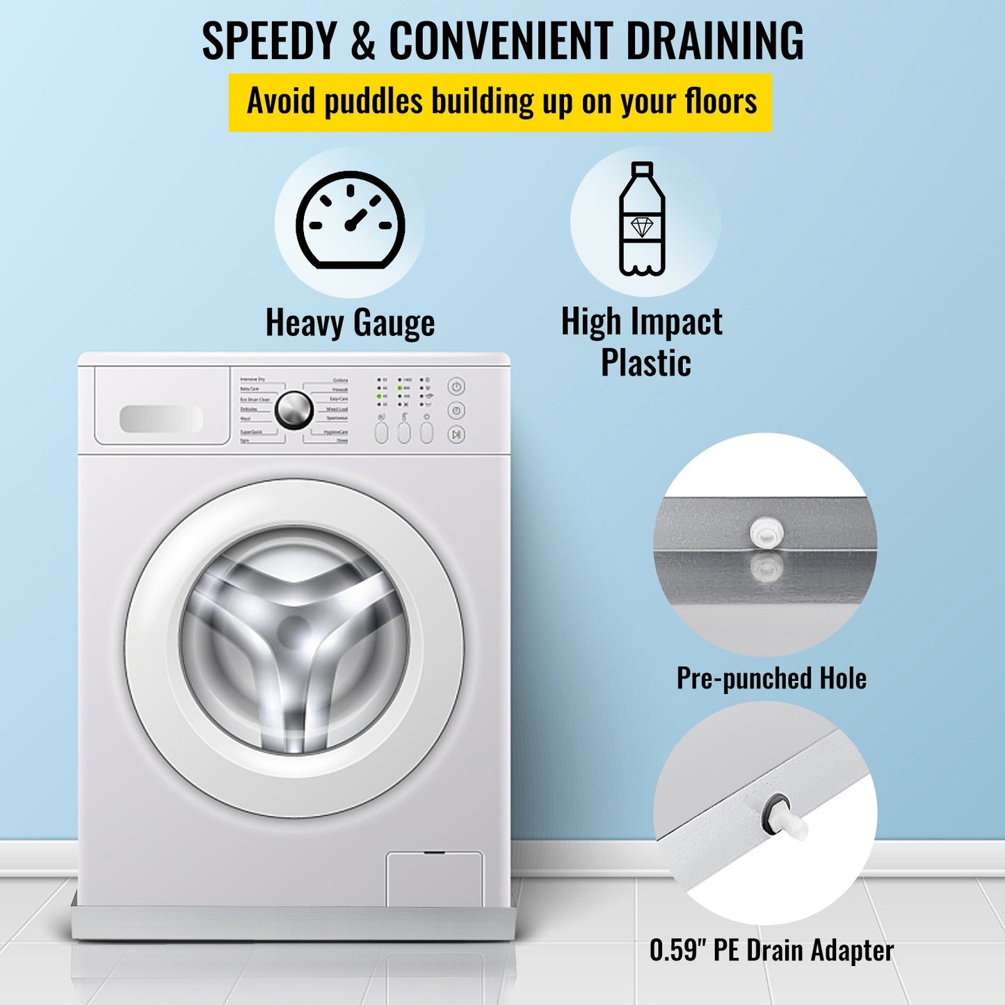 VEVOR 32 x 30 x 2.5 Inch Washing Machine Pan 18 GA Thickness Galvanized Steel Heavy Duty Compact Washer Drip Tray with Drain Hole & Hose Adapter