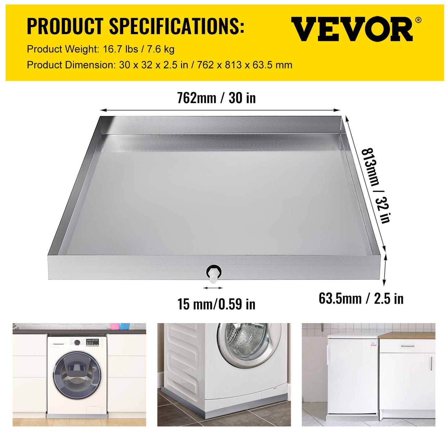 VEVOR 32 x 30 x 2.5 Inch Washing Machine Pan 18 GA Thickness Galvanized Steel Heavy Duty Compact Washer Drip Tray with Drain Hole & Hose Adapter
