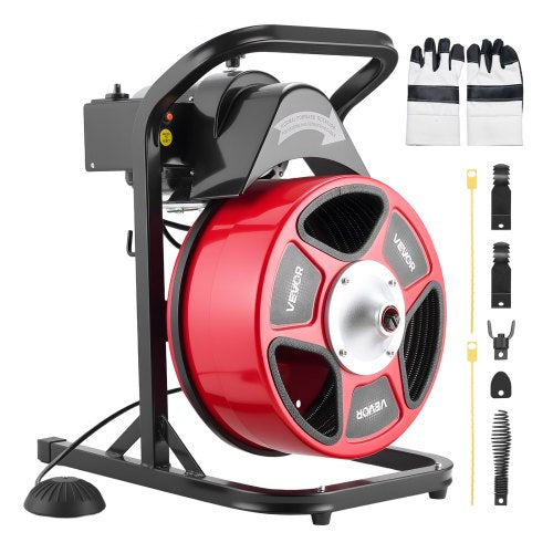 Drain Cleaner Machine 50 FT x 1/2 Inch, Manual Feed Sewer Snake Auger with 4 Cutters & Air-Activated Foot Switch for 2' to 6' Pipes