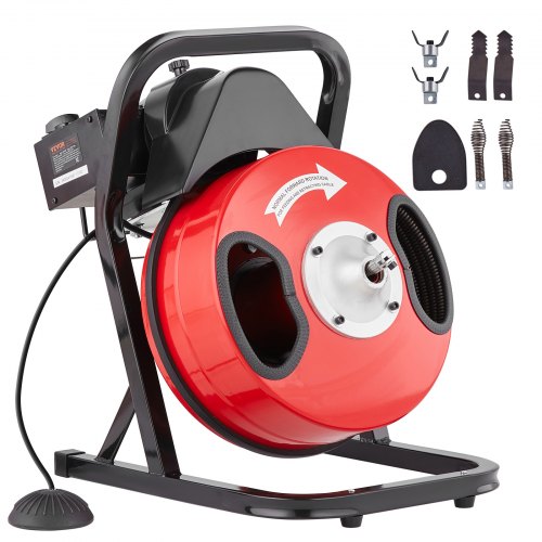 Drain Cleaner Machine 50FT x 1/2 Inch, Manual Feed Sewer Snake Auger - with 4 Cutters & Air-activated Foot Switch for 2' to 4' Pipes