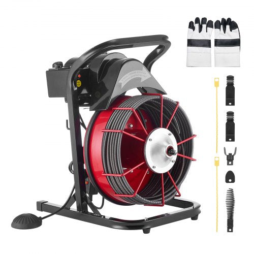Drain Cleaner Machine 75 FT x 1/2 Inch, Sewer Snake Auger Manual Feed with 4 Cutters & Air-activated Foot Switch for 2' to 6' Pipes